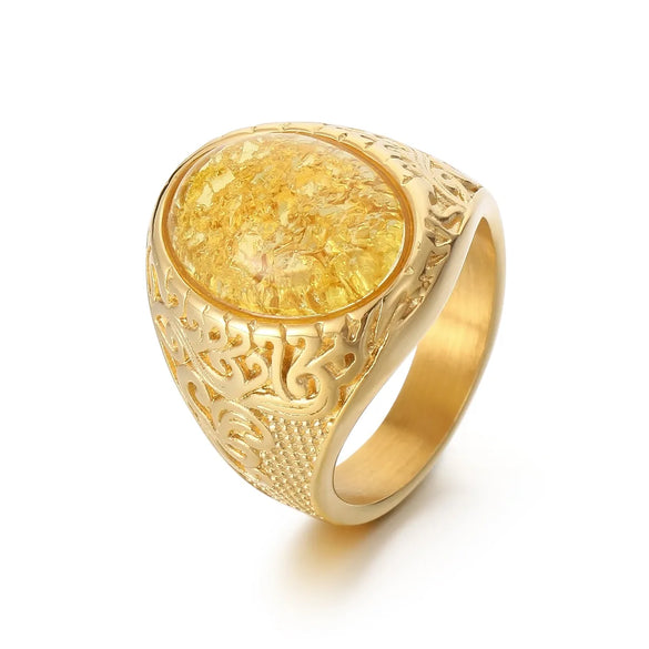 Wholesale Jewelry Hip-Hop Oval 304 Stainless Steel Natural Stone 18K Gold Plated Inlay Rings