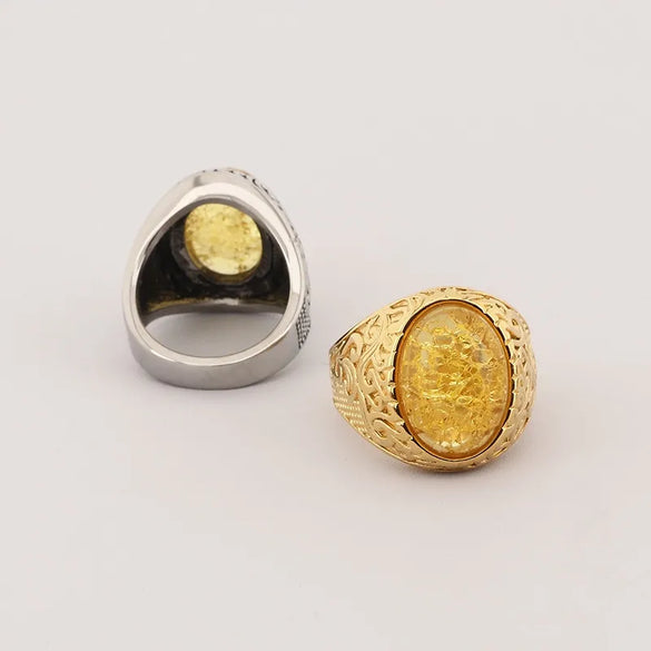 Wholesale Jewelry Hip-Hop Oval 304 Stainless Steel Natural Stone 18K Gold Plated Inlay Rings