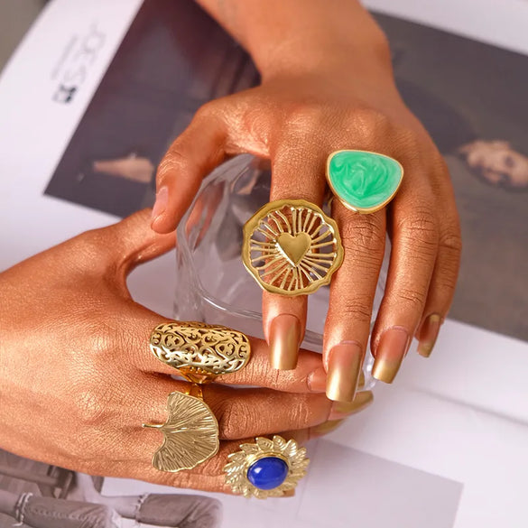 Wholesale Jewelry Hip-Hop Preppy Style Simple Style Triangle Heart Shape Ginkgo Leaf 304 Stainless Steel 14K Gold Plated Enamel Plating Hollow Out Rings