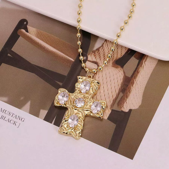 Wholesale Jewelry Hip Hop Style Copper Geometric Cross Pendant Necklace With Electroplating And Inlaid Imitation Pearls