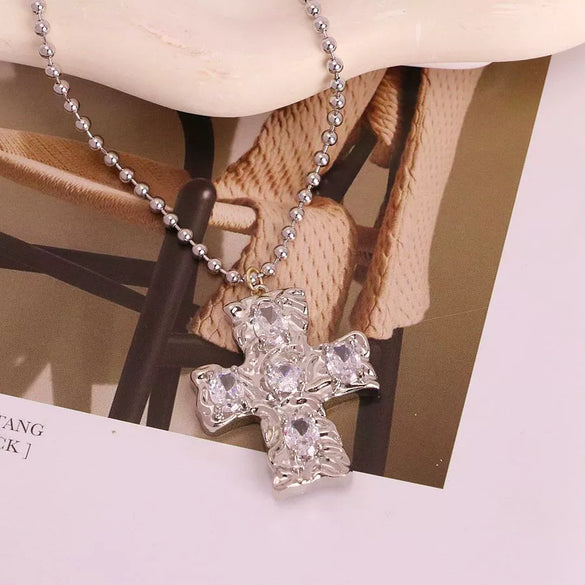 Wholesale Jewelry Hip Hop Style Copper Geometric Cross Pendant Necklace With Electroplating And Inlaid Imitation Pearls