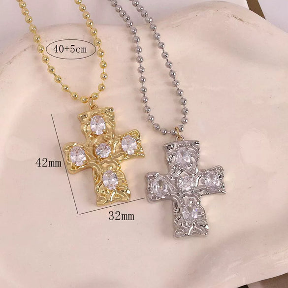 Wholesale Jewelry Hip Hop Style Copper Geometric Cross Pendant Necklace With Electroplating And Inlaid Imitation Pearls