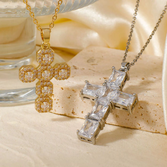 Wholesale Jewelry Hip Hop Style Copper Inlaid Zircon Cross Pendant Necklace With Stainless Steel O Shaped Chain And Electroplating Treatment