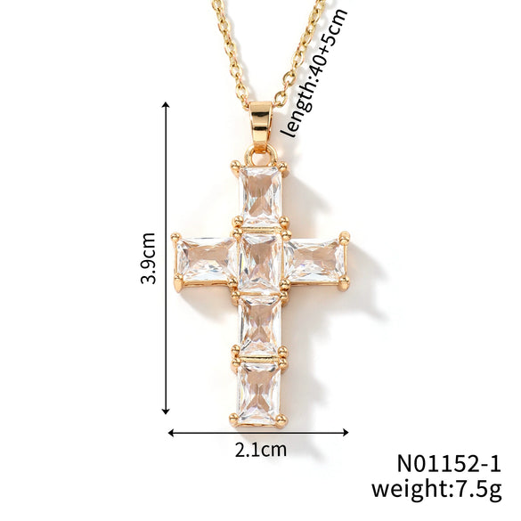 Wholesale Jewelry Hip Hop Style Copper Inlaid Zircon Cross Pendant Necklace With Stainless Steel O Shaped Chain And Electroplating Treatment
