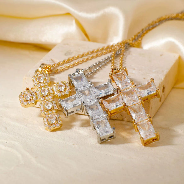 Wholesale Jewelry Hip Hop Style Copper Inlaid Zircon Cross Pendant Necklace With Stainless Steel O Shaped Chain And Electroplating Treatment