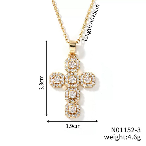 Wholesale Jewelry Hip Hop Style Copper Inlaid Zircon Cross Pendant Necklace With Stainless Steel O Shaped Chain And Electroplating Treatment