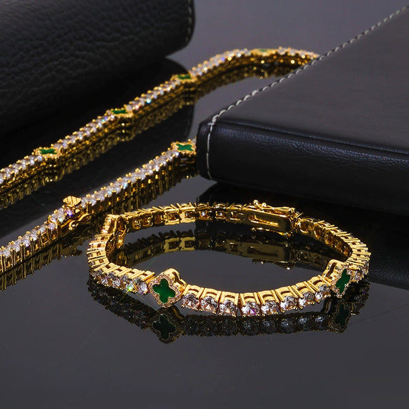 Wholesale Jewelry Hip Hop Style Fourleaf Clover Copper Zirconia Tennis Chain Necklace And Bracelet