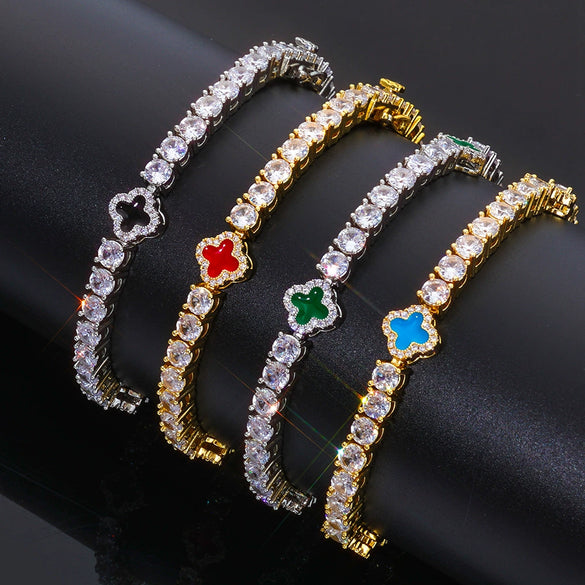 Wholesale Jewelry Hip Hop Style Fourleaf Clover Copper Zirconia Tennis Chain Necklace And Bracelet
