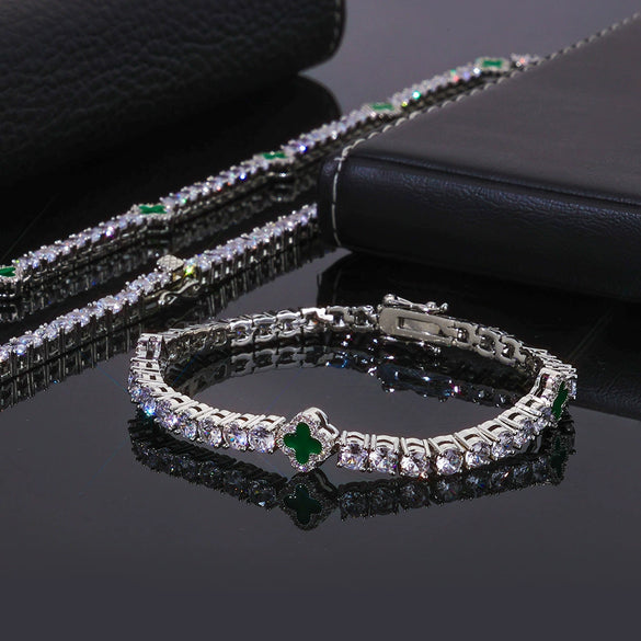 Wholesale Jewelry Hip Hop Style Fourleaf Clover Copper Zirconia Tennis Chain Necklace And Bracelet