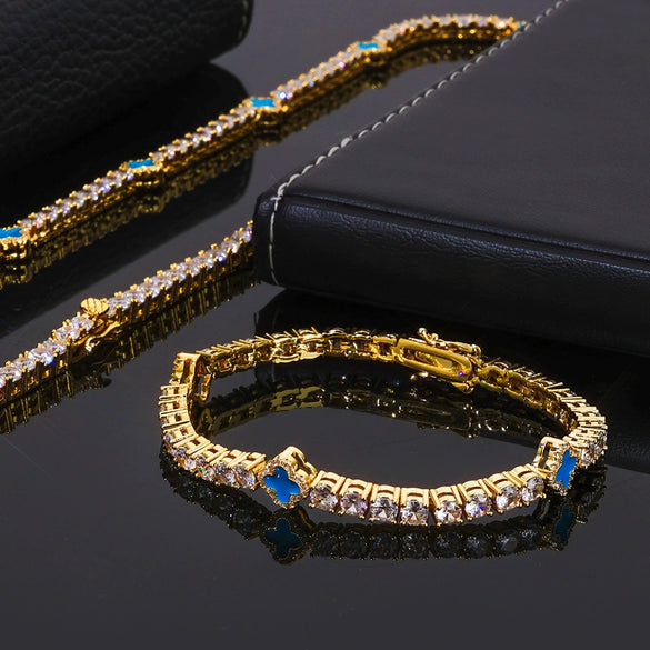 Wholesale Jewelry Hip Hop Style Fourleaf Clover Copper Zirconia Tennis Chain Necklace And Bracelet