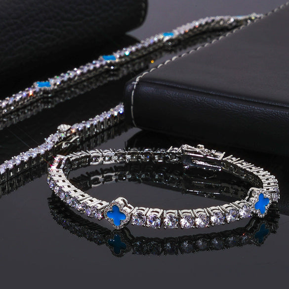 Wholesale Jewelry Hip Hop Style Fourleaf Clover Copper Zirconia Tennis Chain Necklace And Bracelet