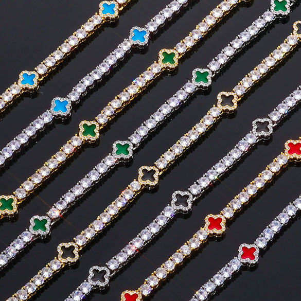 Wholesale Jewelry Hip Hop Style Fourleaf Clover Copper Zirconia Tennis Chain Necklace And Bracelet