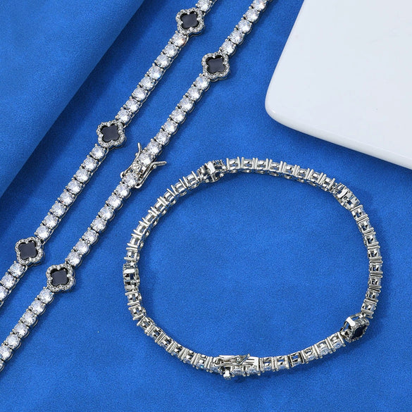 Wholesale Jewelry Hip Hop Style Fourleaf Clover Copper Zirconia Tennis Chain Necklace And Bracelet