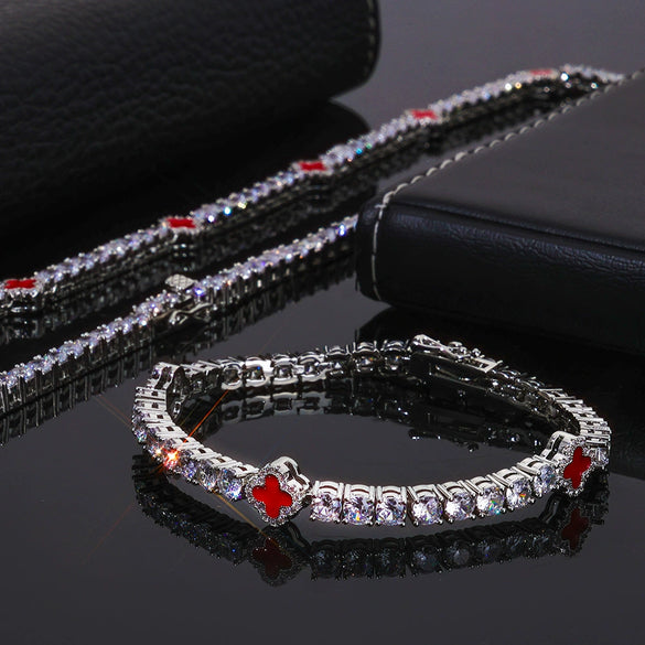 Wholesale Jewelry Hip Hop Style Fourleaf Clover Copper Zirconia Tennis Chain Necklace And Bracelet