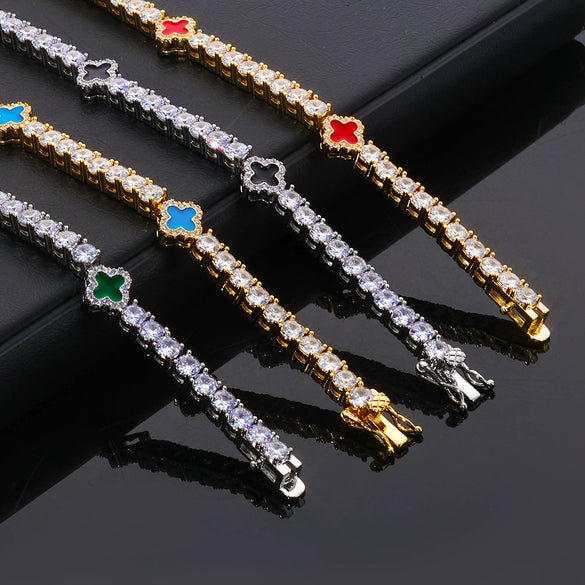 Wholesale Jewelry Hip Hop Style Fourleaf Clover Copper Zirconia Tennis Chain Necklace And Bracelet