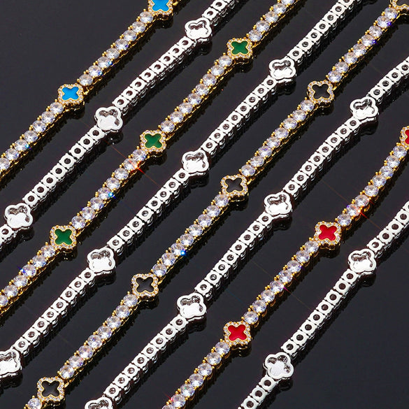 Wholesale Jewelry Hip Hop Style Fourleaf Clover Copper Zirconia Tennis Chain Necklace And Bracelet