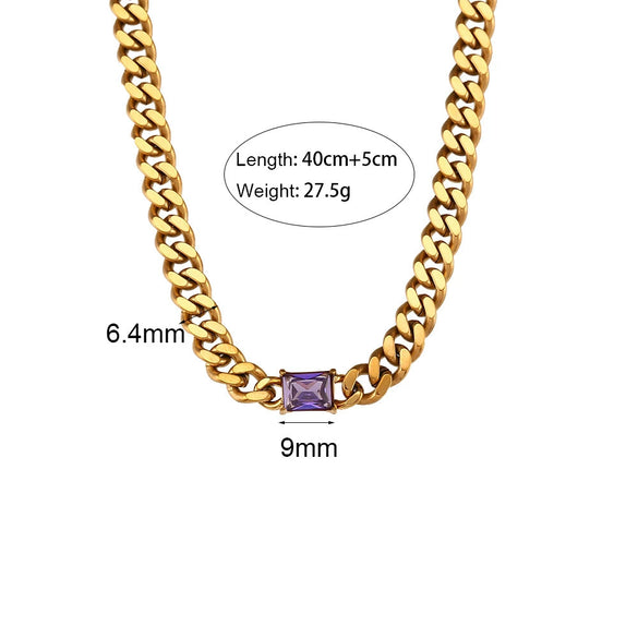 Wholesale Jewelry Hip Hop Style Stainless Steel Cuban Chain Rectangular Zircon Electroplated Geometric Clavicle Necklace For Women