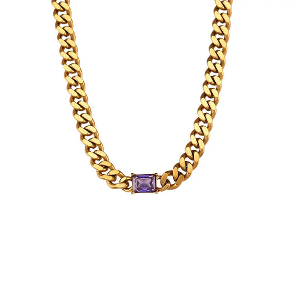 Wholesale Jewelry Hip Hop Style Stainless Steel Cuban Chain Rectangular Zircon Electroplated Geometric Clavicle Necklace For Women