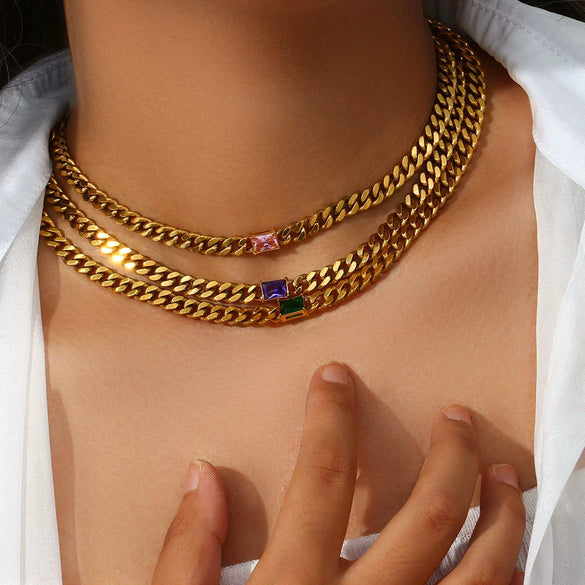 Wholesale Jewelry Hip Hop Style Stainless Steel Cuban Chain Rectangular Zircon Electroplated Geometric Clavicle Necklace For Women