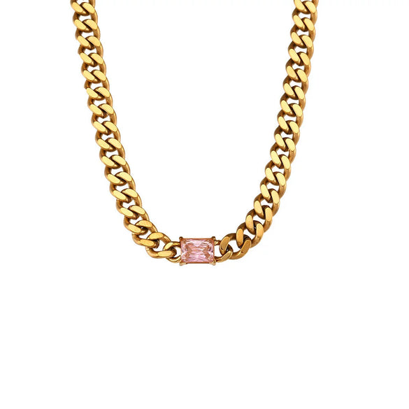 Wholesale Jewelry Hip Hop Style Stainless Steel Cuban Chain Rectangular Zircon Electroplated Geometric Clavicle Necklace For Women