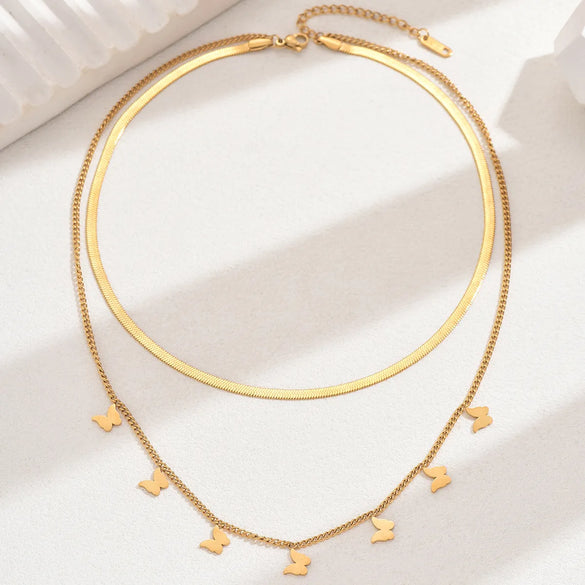 Wholesale Jewelry Hip-Hop Vintage Style Butterfly 201 Stainless Steel Double Layer Necklaces