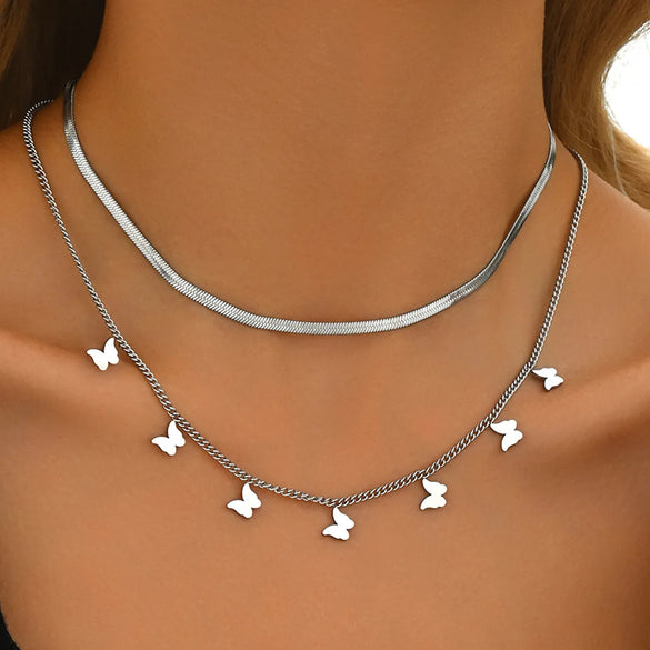 Wholesale Jewelry Hip-Hop Vintage Style Butterfly 201 Stainless Steel Double Layer Necklaces