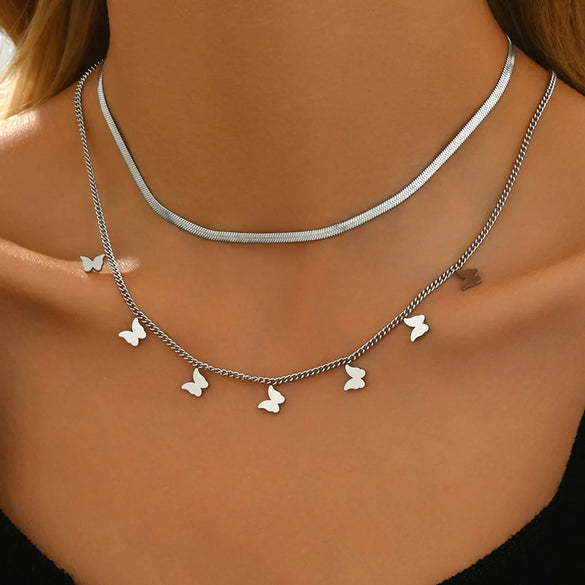 Wholesale Jewelry Hip-Hop Vintage Style Butterfly 201 Stainless Steel Double Layer Necklaces