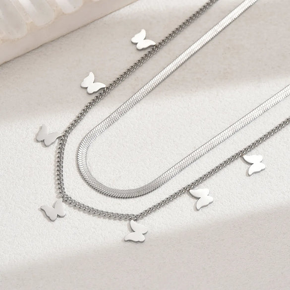 Wholesale Jewelry Hip-Hop Vintage Style Butterfly 201 Stainless Steel Double Layer Necklaces