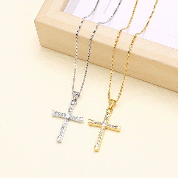 Wholesale Jewelry Hiphop Style Cross Pendant Necklace Copper Goldplated Box Chain