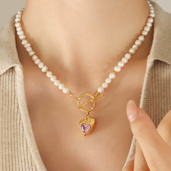 Wholesale Jewelry Hiphop Style Heart Zircon Pendant 316L Stainless Steel Electroplated On Natural Freshwater Pearl Chain For Women