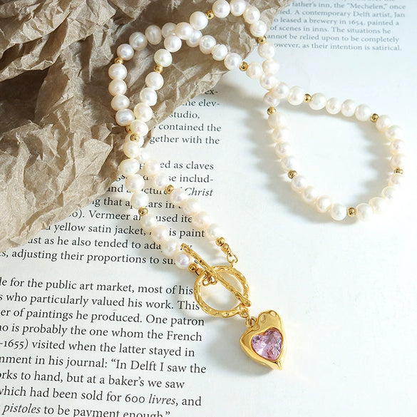Wholesale Jewelry Hiphop Style Heart Zircon Pendant 316L Stainless Steel Electroplated On Natural Freshwater Pearl Chain For Women