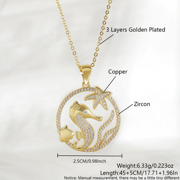 Wholesale Jewelry Hollow Round Ocean Series Copper Animal Zodiac Geometric Electroplated Pendant Necklace With O Word Chain