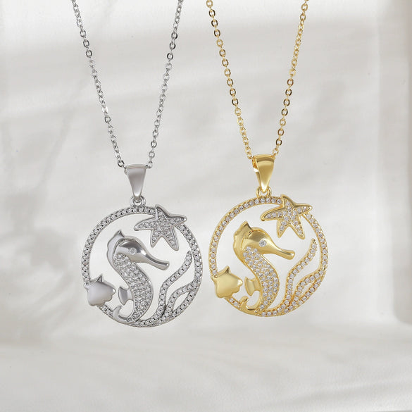 Wholesale Jewelry Hollow Round Ocean Series Copper Animal Zodiac Geometric Electroplated Pendant Necklace With O Word Chain