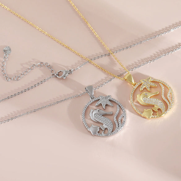Wholesale Jewelry Hollow Round Ocean Series Copper Animal Zodiac Geometric Electroplated Pendant Necklace With O Word Chain