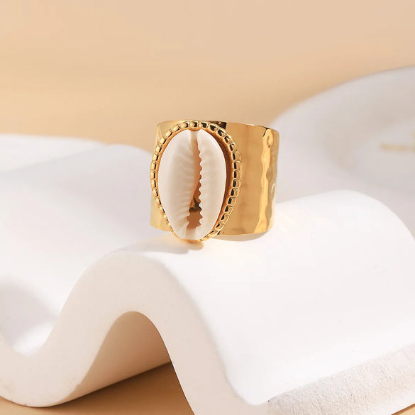 Wholesale Jewelry IG Style Casual Shell 304 Stainless Steel Shell 14K Gold Plated Inlay Open Rings