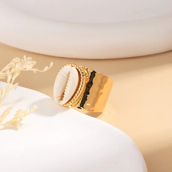 Wholesale Jewelry IG Style Casual Shell 304 Stainless Steel Shell 14K Gold Plated Inlay Open Rings