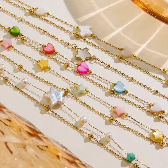 IG Style Luxurious Tropical Pentagram Heart Shape 14K Gold Plated 304 Stainless Steel Freshwater Pearl Shell Wholesale Bracelets