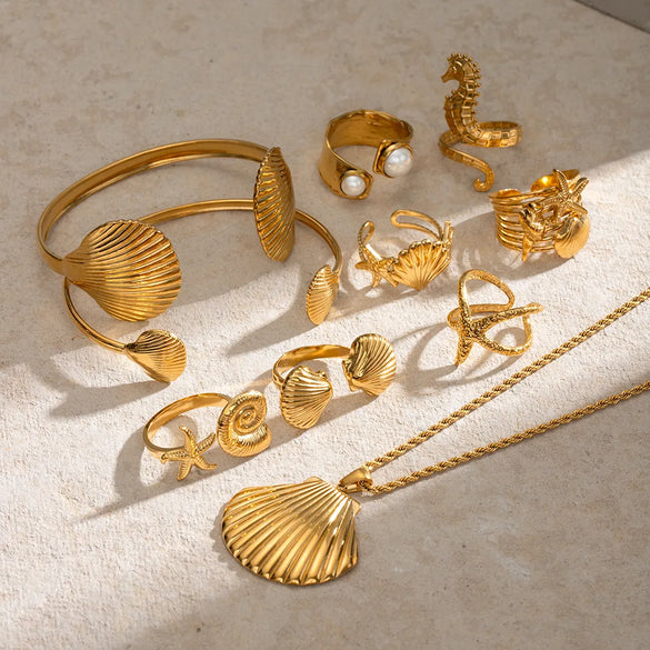 Wholesale Jewelry IG Style Vacation Simple Style Starfish Hippocampus Shell 304 Stainless Steel Artificial Pearls 18K Gold Plated Scallop Inlay Rings Earrings Necklace