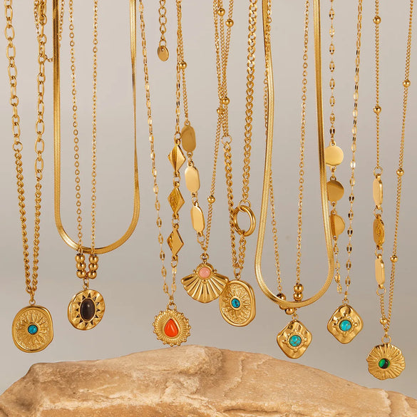 Wholesale Jewelry IG Style Vintage Style Commute Geometric 304 Stainless Steel Natural Stone Opal Inlay Pendant Necklace