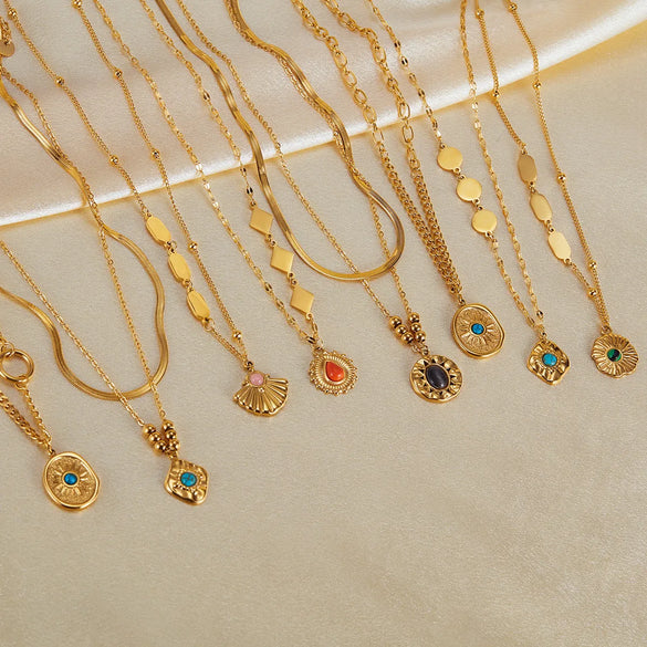 Wholesale Jewelry IG Style Vintage Style Commute Geometric 304 Stainless Steel Natural Stone Opal Inlay Pendant Necklace