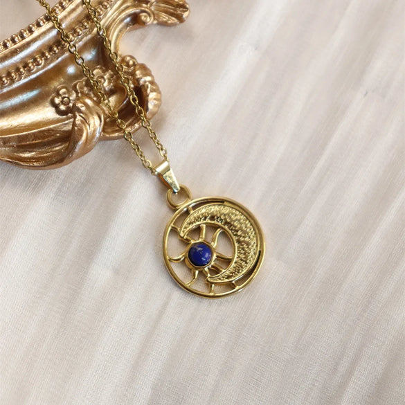 Wholesale Jewelry IG Style Vintage Style Sun Sector Moon 304 Stainless Steel Natural Stone 18K Gold Plated Inlay Pendant Necklace