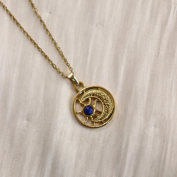 Wholesale Jewelry IG Style Vintage Style Sun Sector Moon 304 Stainless Steel Natural Stone 18K Gold Plated Inlay Pendant Necklace