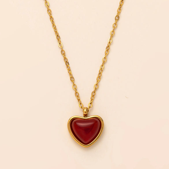 Wholesale Jewelry Imitation Natural Stone Red Agate Heartshaped Pendant Necklace Earrings Titanium Steel Electroplated 18K Gold