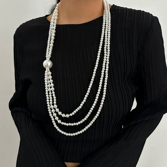 Wholesale Jewelry Imitation Pearl Beaded Geometric Exaggerated Handmade Multilayer Long Necklace For Women