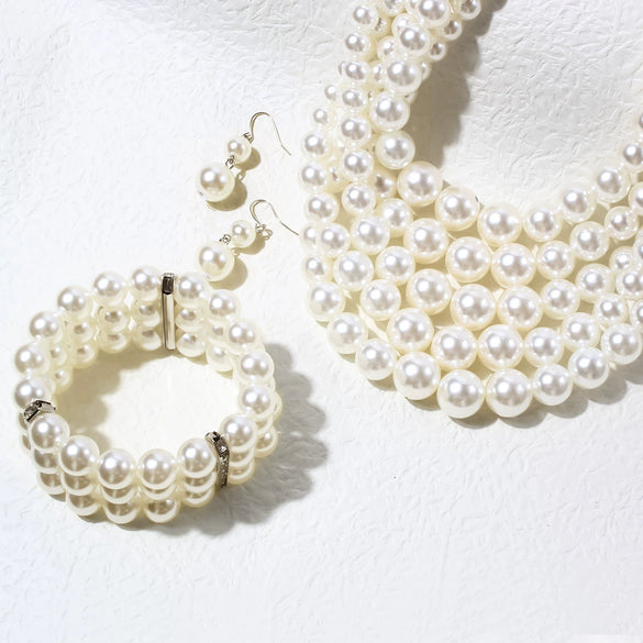 Wholesale Jewelry Imitation Pearl Geometric Style Beaded Threepiece Set With Snake Bone Chain And Baking Varnish Process