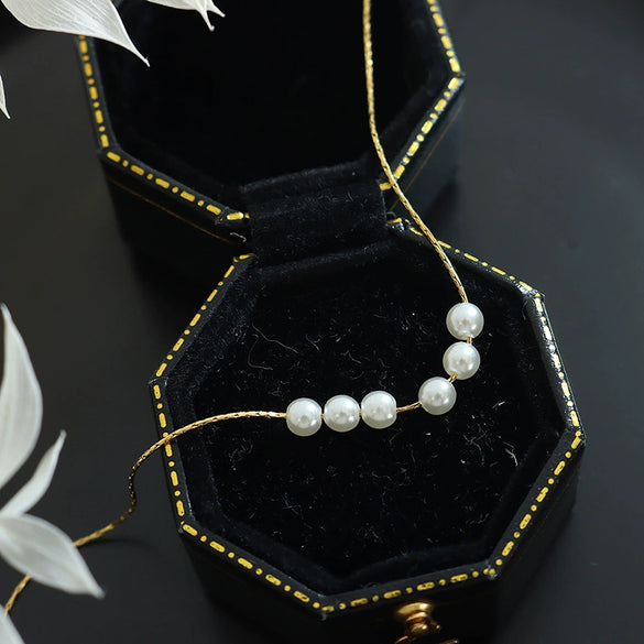 Wholesale Jewelry Imitation Pearl Round Beaded Pendant 316L Stainless Steel Gold Plated Square Chain Geometric Style