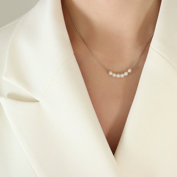Wholesale Jewelry Imitation Pearl Round Beaded Pendant 316L Stainless Steel Gold Plated Square Chain Geometric Style