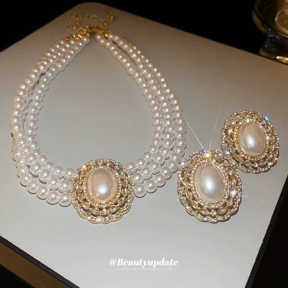 Wholesale Jewelry Imitation Pearls Multilayer Diamond Stud Earrings And Necklace Set Geometric Highend Style Clavicle Chain
