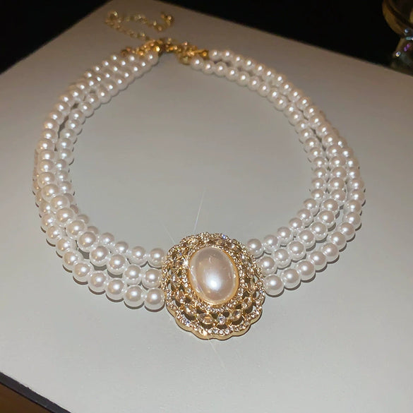 Wholesale Jewelry Imitation Pearls Multilayer Diamond Stud Earrings And Necklace Set Geometric Highend Style Clavicle Chain