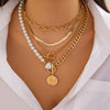 Wholesale Jewelry Ins Style Geometric Alloy Disc Pendant Imitation Pearl Multilayer Clavicle Chain Copperclad Iron Iron Copper Alloy Electroplated